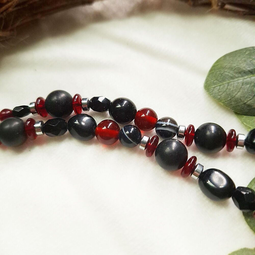 Whimsigoth Spiderweb Agate Choker Necklace, Black Onyx, Jasper, & Ruby Red Glass - Picture 6 of 12